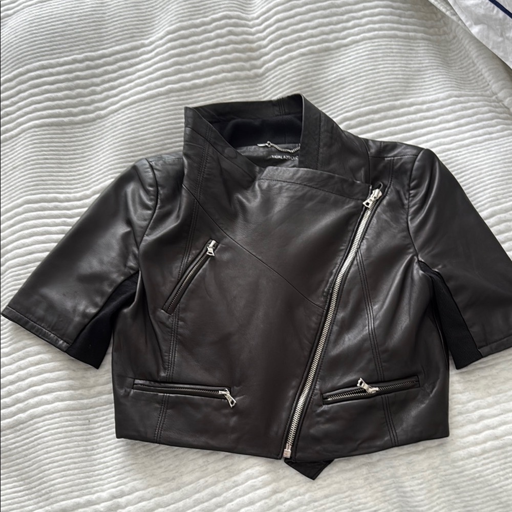 SOLD.  YIGAL AZROUEL  Black Leather Cropped Jacket